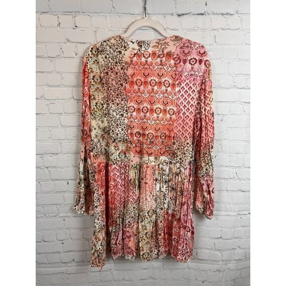 ZARA boho frill tasseled pink beige floral relaxed viscose tunic dress M NWOT - Picture 9 of 9